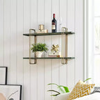 Danya B. 32.3" x 22" Estante de pared de metal y madera de 2 niveles con soportes, dorado: Almacenamiento flotante, exhibición para baño