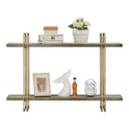 Danya B. 32.3" x 22" Estante de pared de metal y madera de 2 niveles con soportes, dorado: Almacenamiento flotante, exhibición para baño