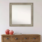 Espejo de pared de madera estrecho de plata envejecida sin bisel de 32" x 32" para altillo - Amanti Art: Cuadrado moderno, incluye accesorios de montaje