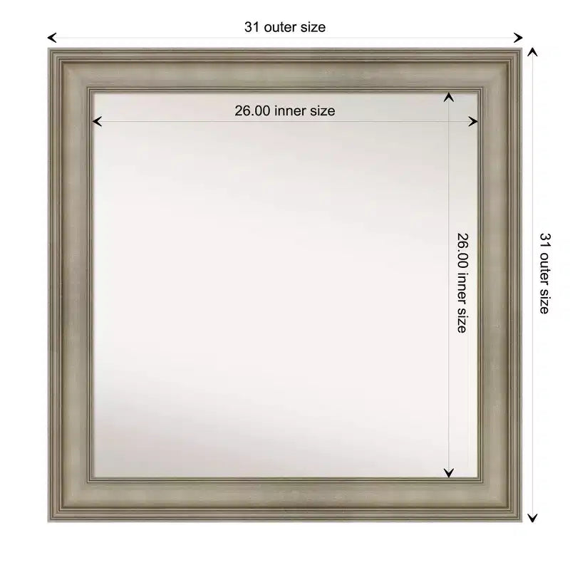 Espejo de pared de madera estrecho de plata envejecida sin bisel de 32" x 32" para altillo - Amanti Art: Cuadrado moderno, incluye accesorios de montaje