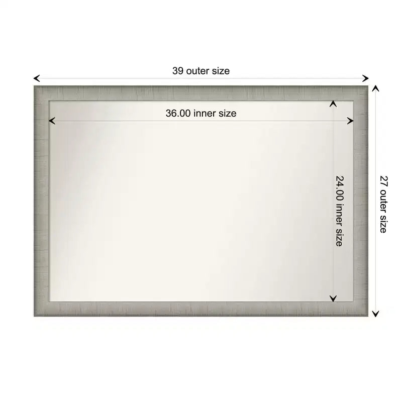 Espejo de pared estrecho Amanti Art de 39 x 27 pulgadas, elegante, con marco cepillado sin bisel, en peltre