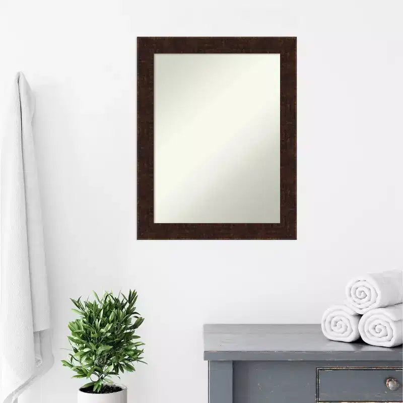 Espejo de pared de baño estrecho de bronce jaspeado William de 22" x 28" sin bisel - Amanti Art: Rectangular, marco de poliestireno, montado en la pared