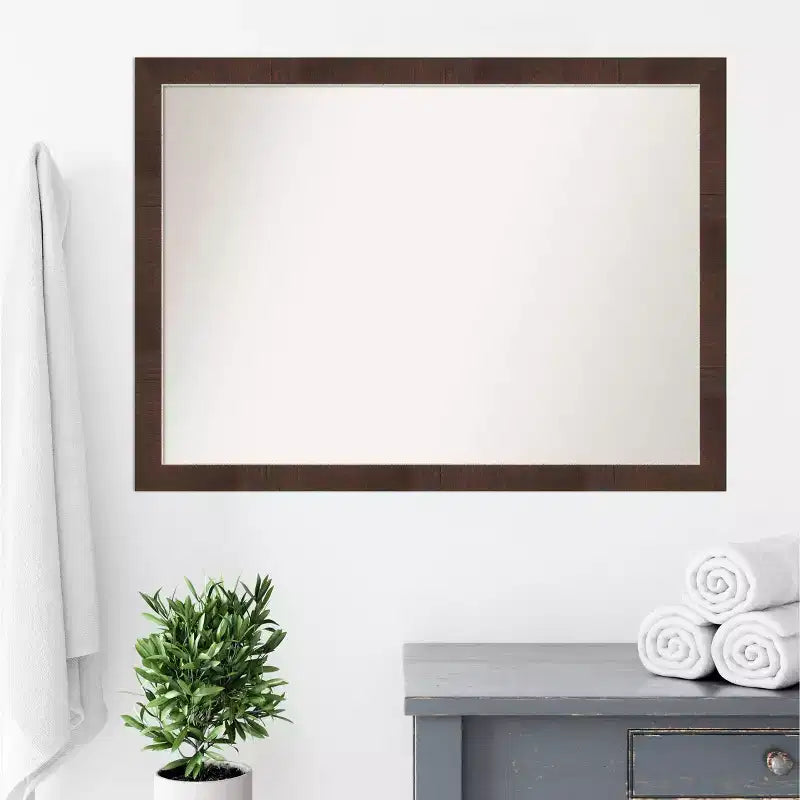 Espejo de pared de baño estrecho Wildwood Brown de 41" x 30" sin bisel - Amanti Art: Rectangular moderno, marco de poliestireno