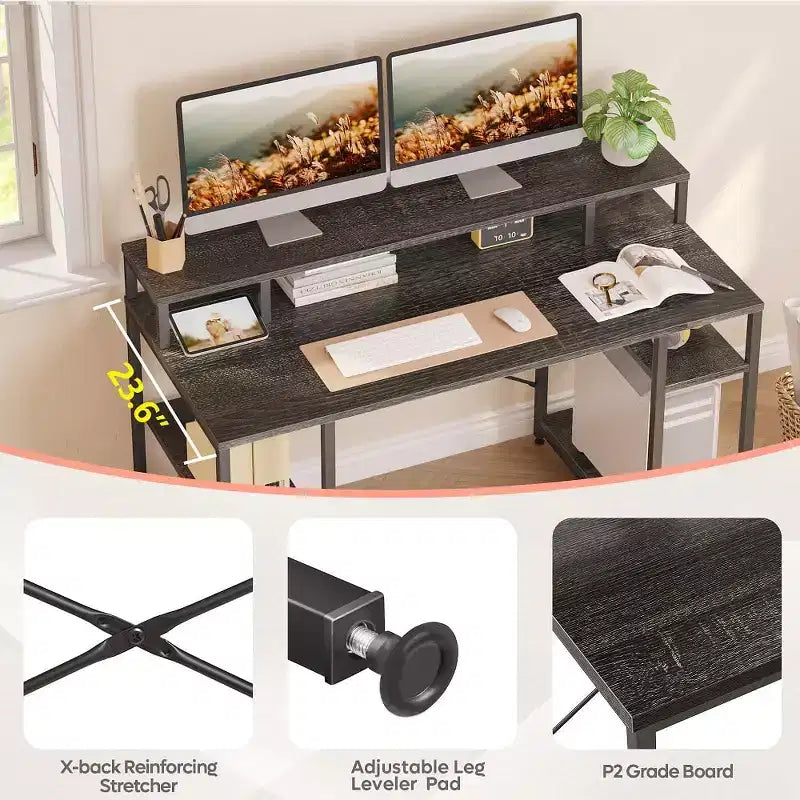 Bestier - Escritorios de computadora de 55 pulgadas con estantería reversible, escritorio de pie para oficina en casa/estudio/juegos