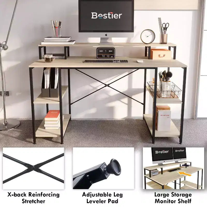 Bestier - Escritorios de computadora de 55 pulgadas con estantería reversible, escritorio de pie para oficina en casa/estudio/juegos