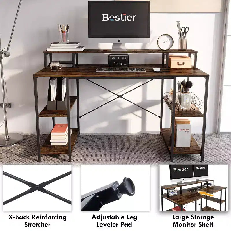 Bestier - Escritorios de computadora de 55 pulgadas con estantería reversible, escritorio de pie para oficina en casa/estudio/juegos
