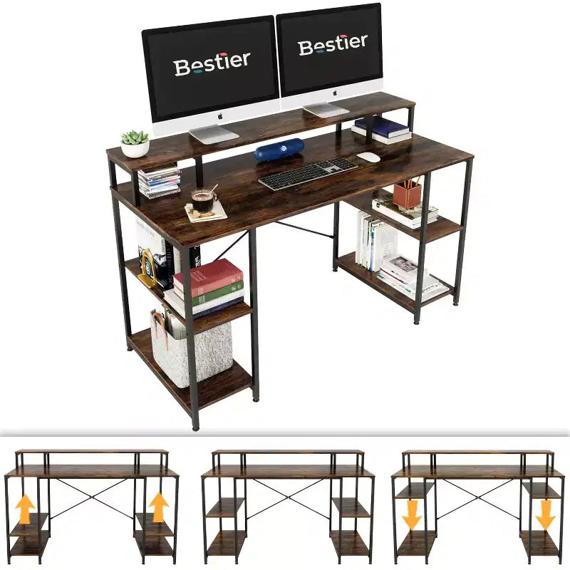 Bestier - Escritorios de computadora de 55 pulgadas con estantería reversible, escritorio de pie para oficina en casa/estudio/juegos