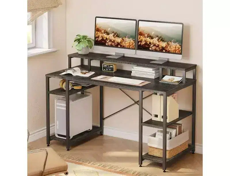 Bestier - Escritorios de computadora de 55 pulgadas con estantería reversible, escritorio de pie para oficina en casa/estudio/juegos