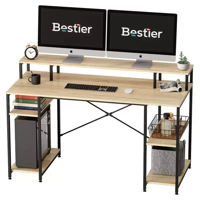 Bestier - Escritorios de computadora de 55 pulgadas con estantería reversible, escritorio de pie para oficina en casa/estudio/juegos