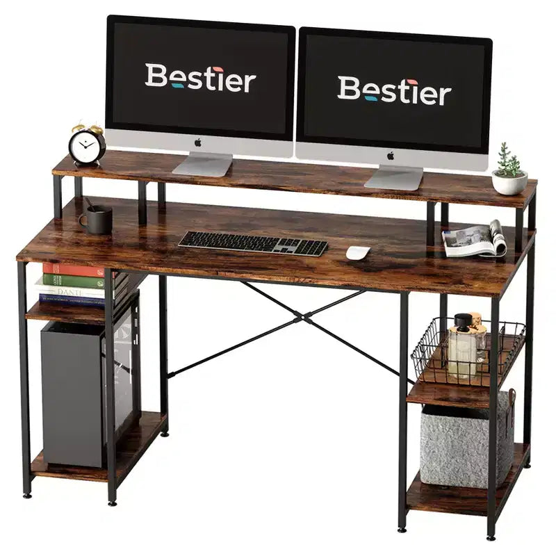 Bestier - Escritorios de computadora de 55 pulgadas con estantería reversible, escritorio de pie para oficina en casa/estudio/juegos
