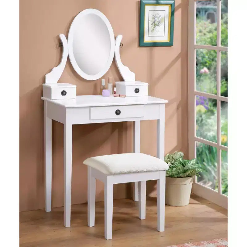 Tocador y juego de taburete de madera blanca Moniya, blanco