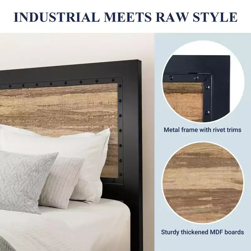 Base de Cama de Metal de Plataforma Resistente Allewie con Cabecero, Decoración Única de Tiras y Remaches