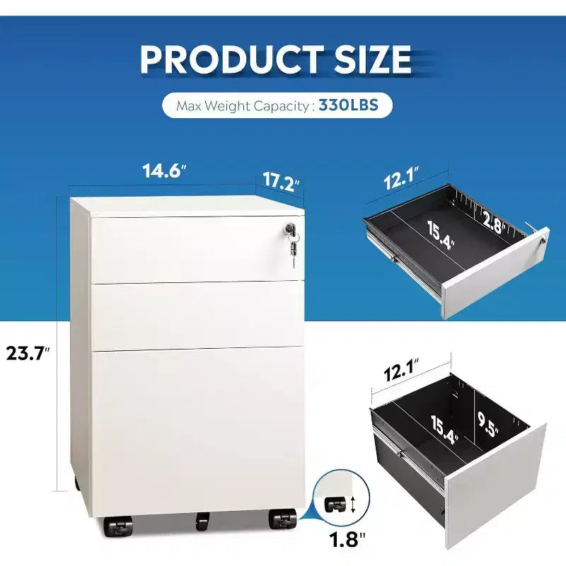 DEXYLLO Archivador con cerradura, Pedestal rodante de 3 cajones para debajo del escritorio, Completamente ensamblado excepto las ruedas