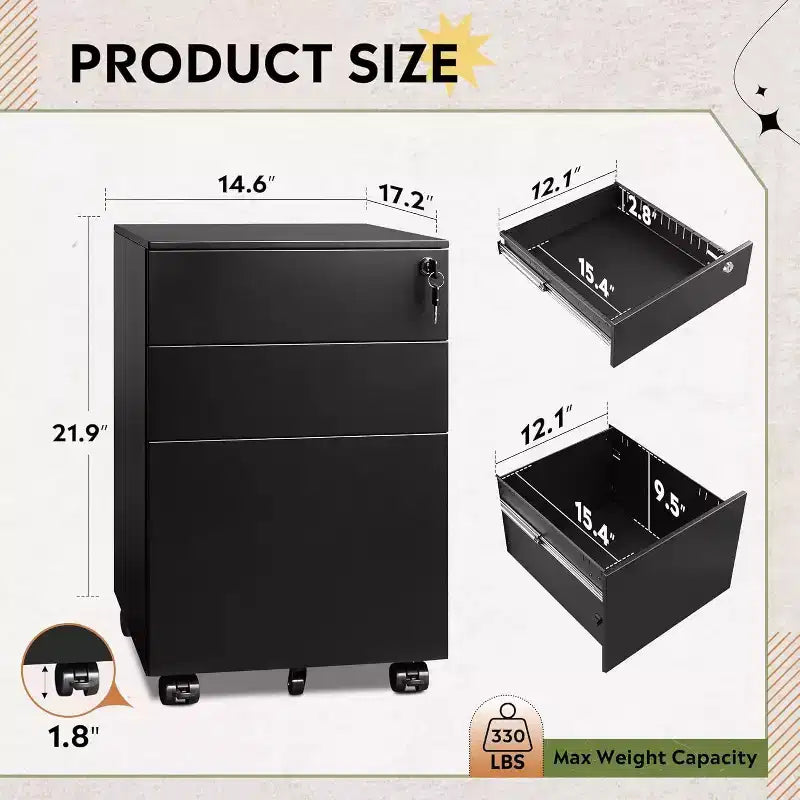 DEXYLLO Archivador con cerradura, Pedestal rodante de 3 cajones para debajo del escritorio, Completamente ensamblado excepto las ruedas