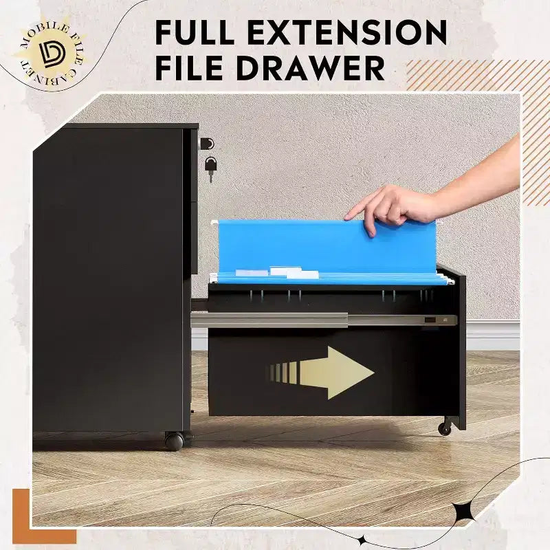 DEXYLLO Archivador con cerradura, Pedestal rodante de 3 cajones para debajo del escritorio, Completamente ensamblado excepto las ruedas