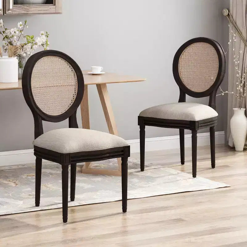 Christopher Knight Home Sillas de comedor Govan tapizadas de madera y caña (juego de 2), beige/marrón natural/marrón oscuro
