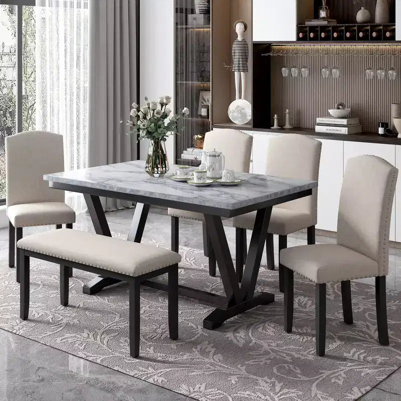 Whisen Modern Style 6-Piece Dining Table Set with 4 Chairs and 1 Bench and Teble with Marbled Veneers Tabletop - White