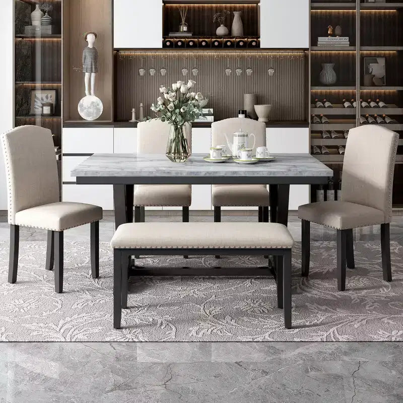 Juego de mesa de comedor de estilo moderno Whisen de 6 piezas con 4 sillas y 1 banco y mesa con tablero de chapa veteada - Blanco