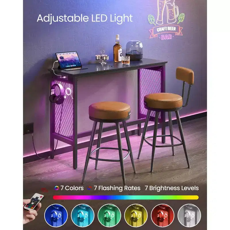 VASAGLE Mesa Alta de Bar, Mesa Larga y Estrecha de 120 cm, Mesa Alta de Cóctel con Luces LED, Tomas de Corriente Integradas, Paneles de Malla, Negra y Negro Mate