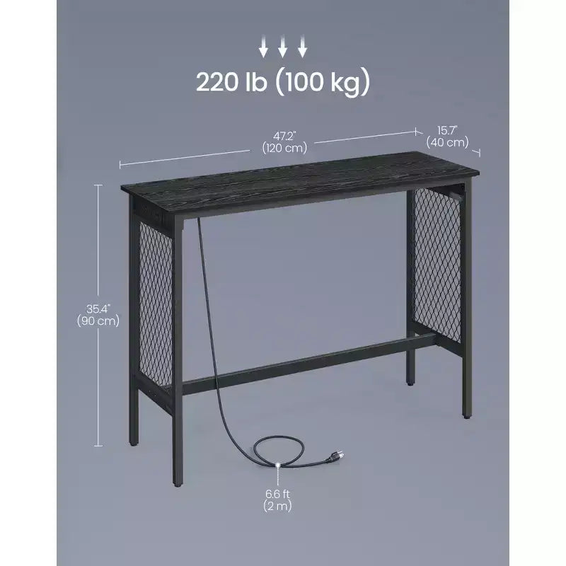 VASAGLE Mesa Alta de Bar, Mesa Larga y Estrecha de 120 cm, Mesa Alta de Cóctel con Luces LED, Tomas de Corriente Integradas, Paneles de Malla, Negra y Negro Mate