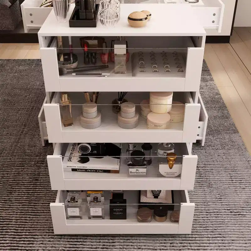 Organizador de armario con tapa de cristal Famapy, isla de vestidor blanca, amplio almacenamiento, cómoda, vitrina, isla de tocador, organizador de belleza