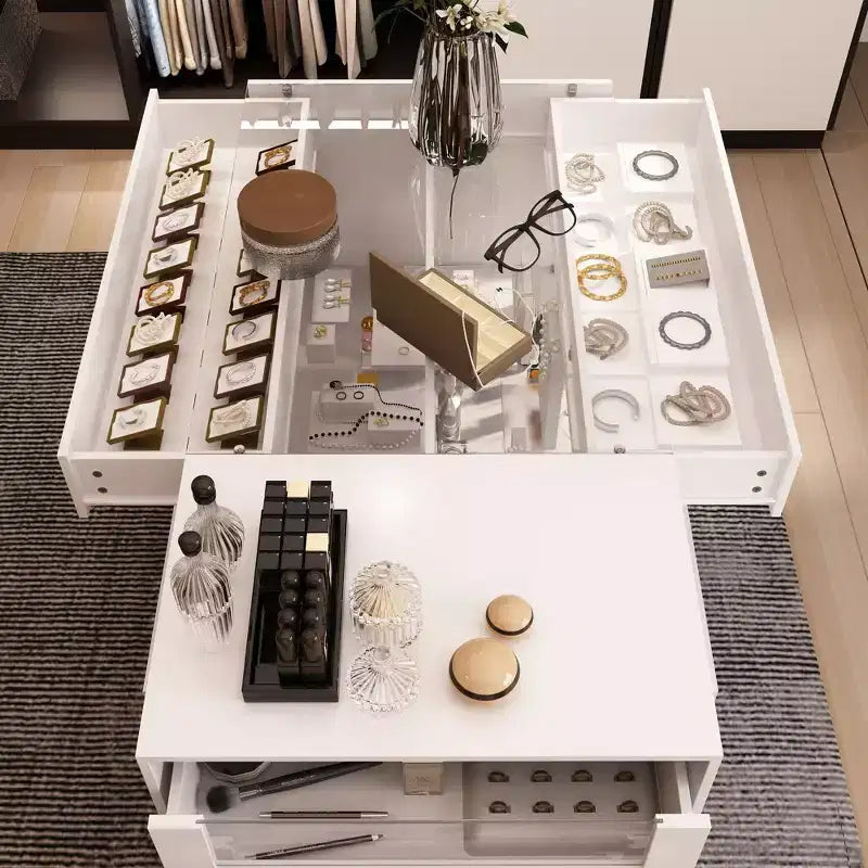Organizador de armario con tapa de cristal Famapy, isla de vestidor blanca, amplio almacenamiento, cómoda, vitrina, isla de tocador, organizador de belleza