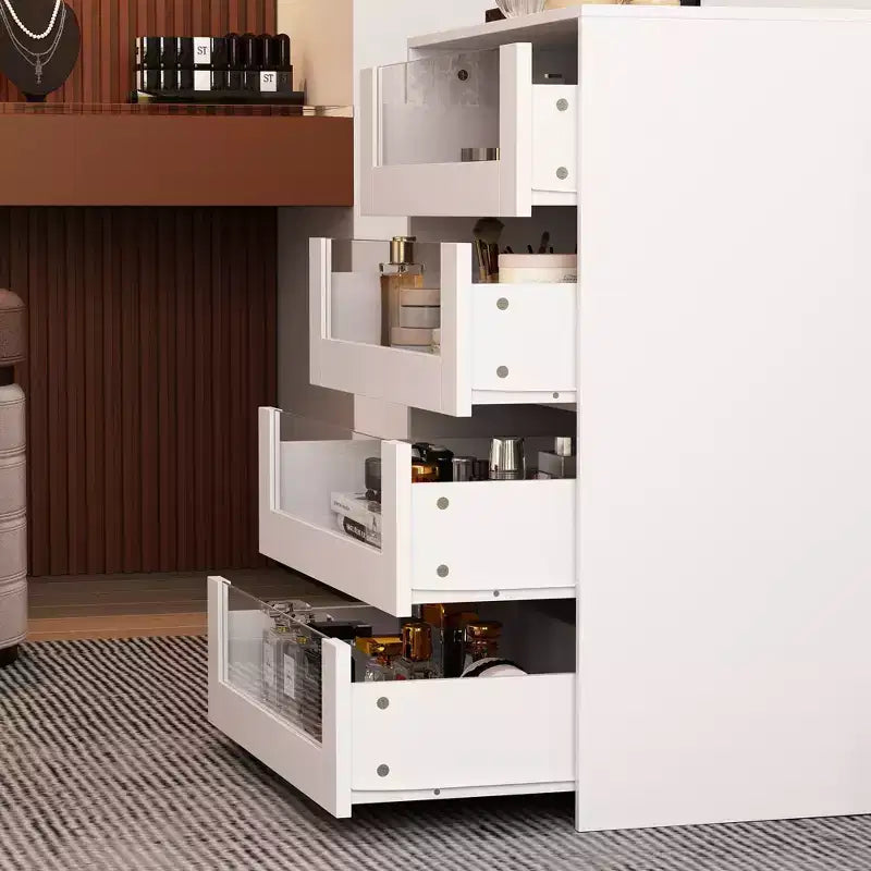 Organizador de armario con tapa de cristal Famapy, isla de vestidor blanca, amplio almacenamiento, cómoda, vitrina, isla de tocador, organizador de belleza