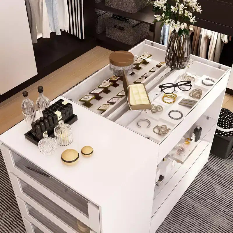Organizador de armario con tapa de cristal Famapy, isla de vestidor blanca, amplio almacenamiento, cómoda, vitrina, isla de tocador, organizador de belleza