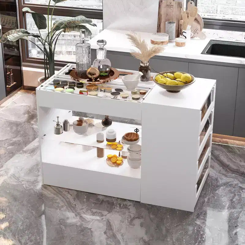 Organizador de armario con tapa de cristal Famapy, isla de vestidor blanca, amplio almacenamiento, cómoda, vitrina, isla de tocador, organizador de belleza