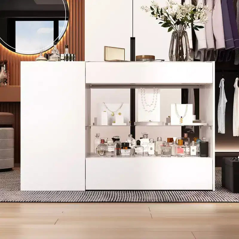 Organizador de armario con tapa de cristal Famapy, isla de vestidor blanca, amplio almacenamiento, cómoda, vitrina, isla de tocador, organizador de belleza