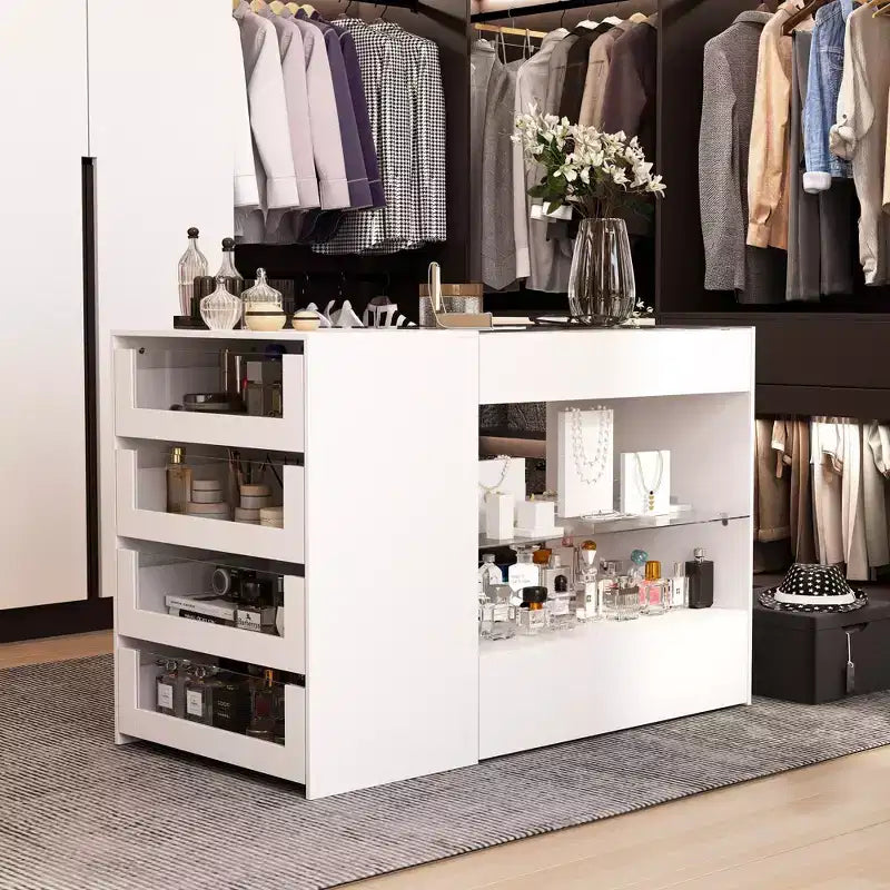 Organizador de armario con tapa de cristal Famapy, isla de vestidor blanca, amplio almacenamiento, cómoda, vitrina, isla de tocador, organizador de belleza