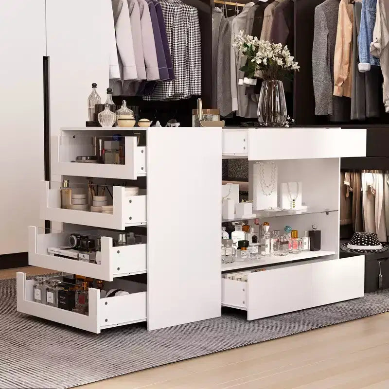 Organizador de armario con tapa de cristal Famapy, isla de vestidor blanca, amplio almacenamiento, cómoda, vitrina, isla de tocador, organizador de belleza