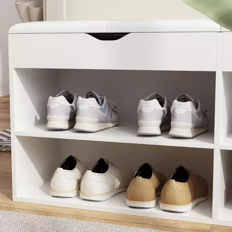 Zapatero de madera Famapy con cojines y estantes abiertos, blanco