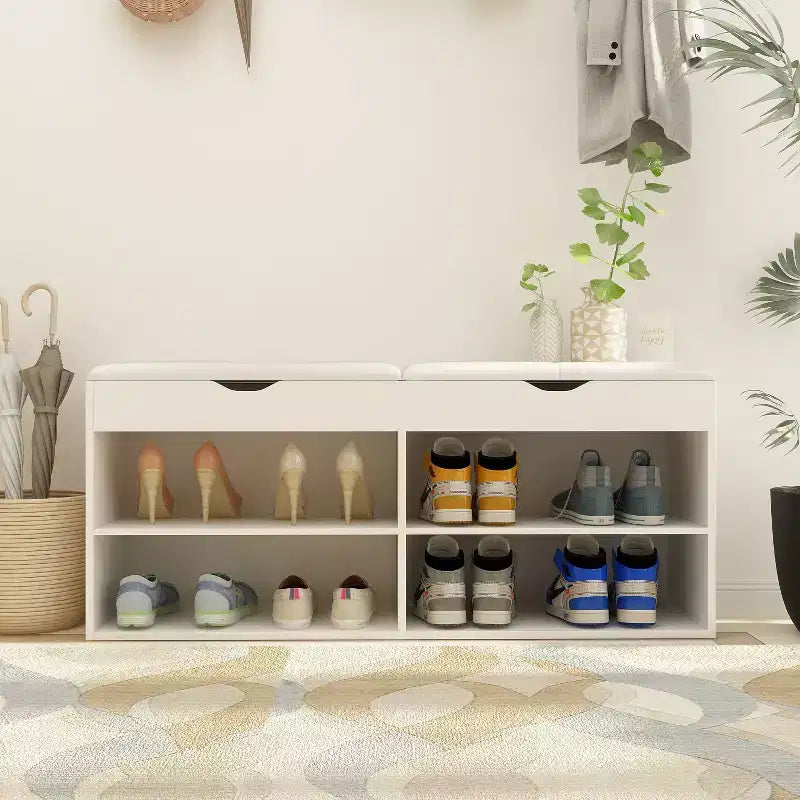 Zapatero de madera Famapy con cojines y estantes abiertos, blanco