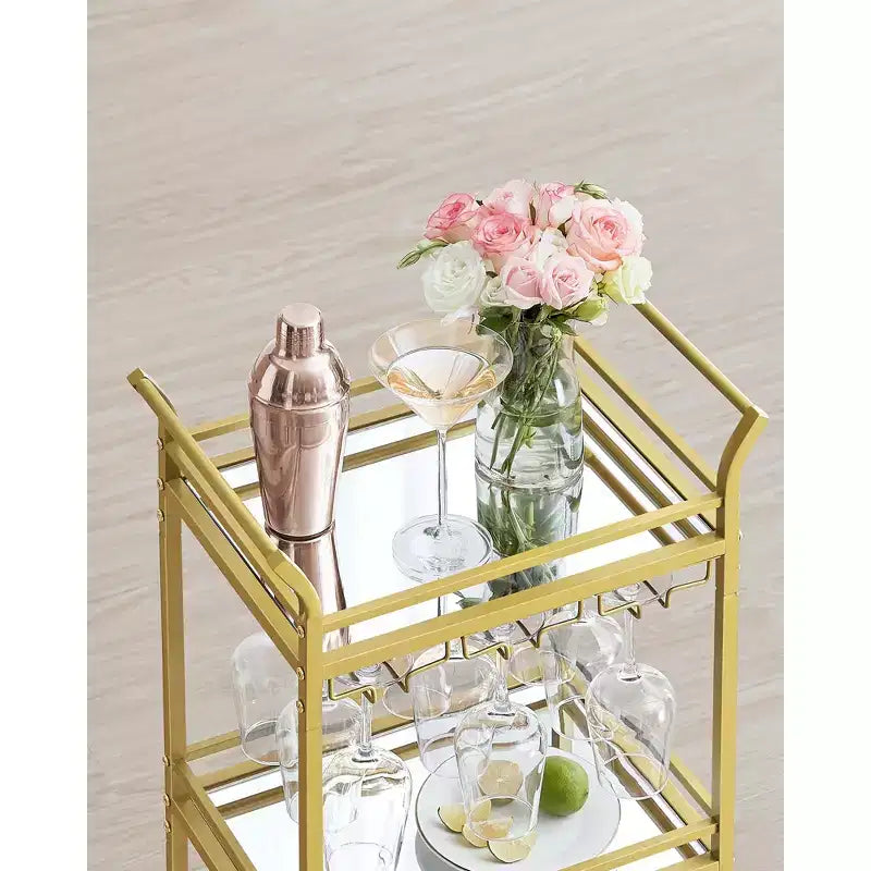 VASAGLE Carrito de Bar, Carrito Servidor para Hogar, Carrito de Bar Pequeño con Estante de 3 Niveles, Botelleros, Copas, Mini Carrito de Bar para Cocina, Oro Pálido