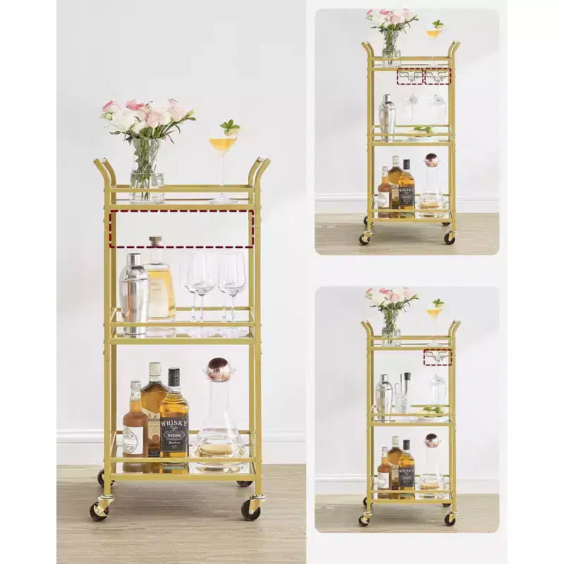 VASAGLE Carrito de Bar, Carrito Servidor para Hogar, Carrito de Bar Pequeño con Estante de 3 Niveles, Botelleros, Copas, Mini Carrito de Bar para Cocina, Oro Pálido
