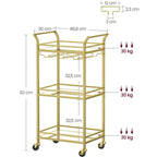 VASAGLE Carrito de Bar, Carrito Servidor para Hogar, Carrito de Bar Pequeño con Estante de 3 Niveles, Botelleros, Copas, Mini Carrito de Bar para Cocina, Oro Pálido