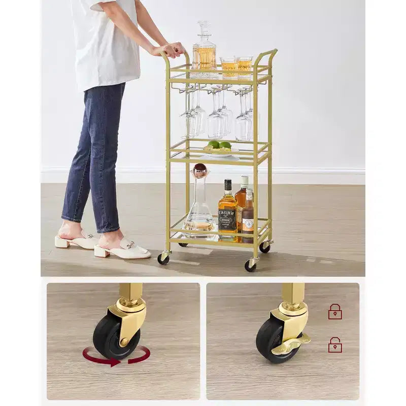 VASAGLE Carrito de Bar, Carrito Servidor para Hogar, Carrito de Bar Pequeño con Estante de 3 Niveles, Botelleros, Copas, Mini Carrito de Bar para Cocina, Oro Pálido