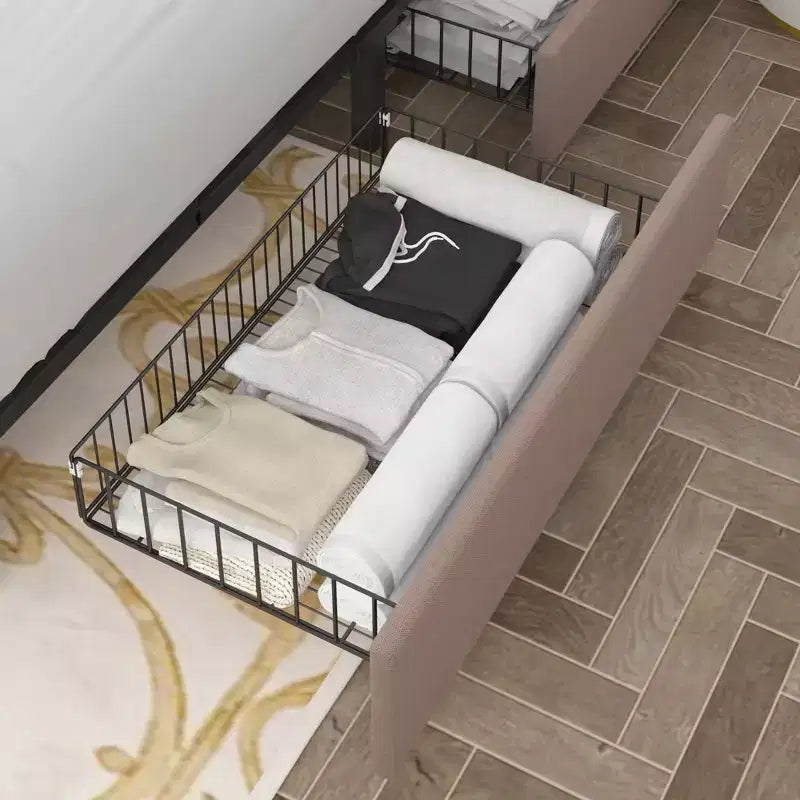 VECELO Base de cama tamaño Queen/Matrimonial con cajones de almacenamiento y puertos de carga, base de cama de plataforma tapizada con cabecero ajustable, beige