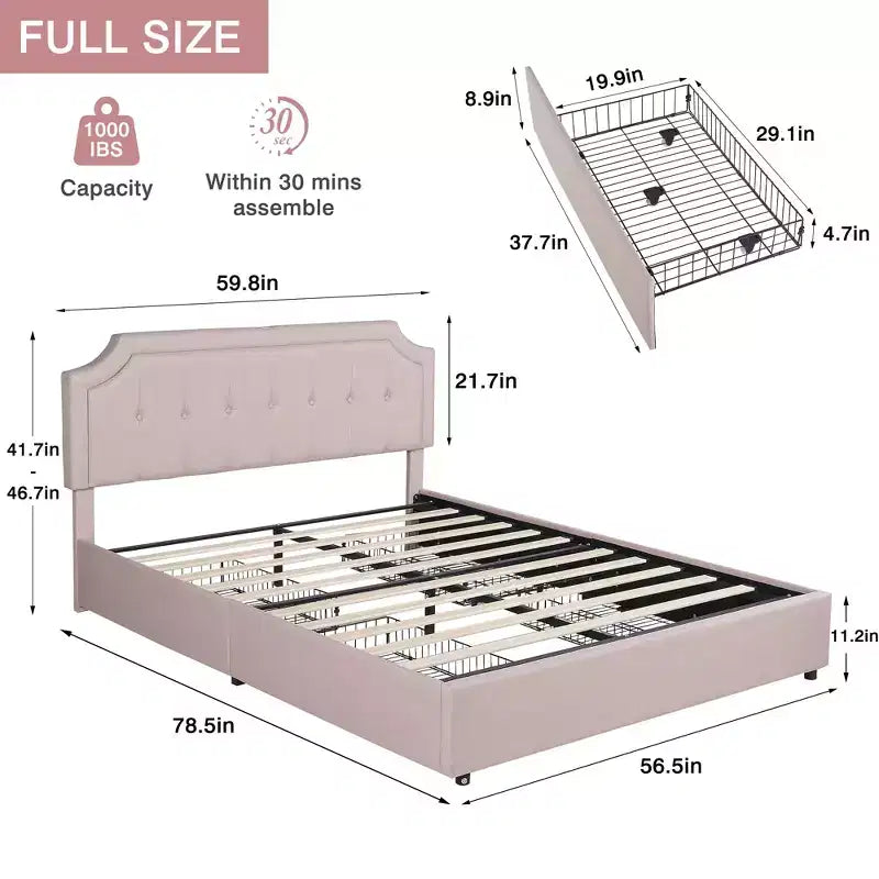 VECELO Base de cama tamaño Queen/Matrimonial con cajones de almacenamiento y puertos de carga, base de cama de plataforma tapizada con cabecero ajustable, beige