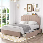 VECELO Base de cama tamaño Queen/Matrimonial con cajones de almacenamiento y puertos de carga, base de cama de plataforma tapizada con cabecero ajustable, beige