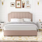 VECELO Base de cama tamaño Queen/Matrimonial con cajones de almacenamiento y puertos de carga, base de cama de plataforma tapizada con cabecero ajustable, beige