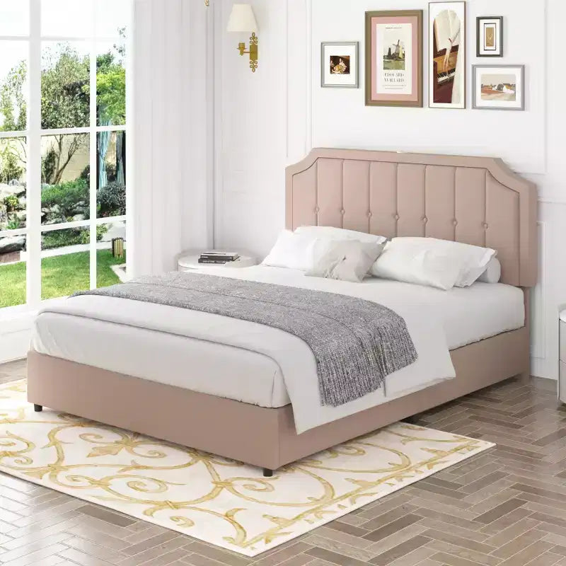 VECELO Base de cama tamaño Queen/Matrimonial con cajones de almacenamiento y puertos de carga, base de cama de plataforma tapizada con cabecero ajustable, beige