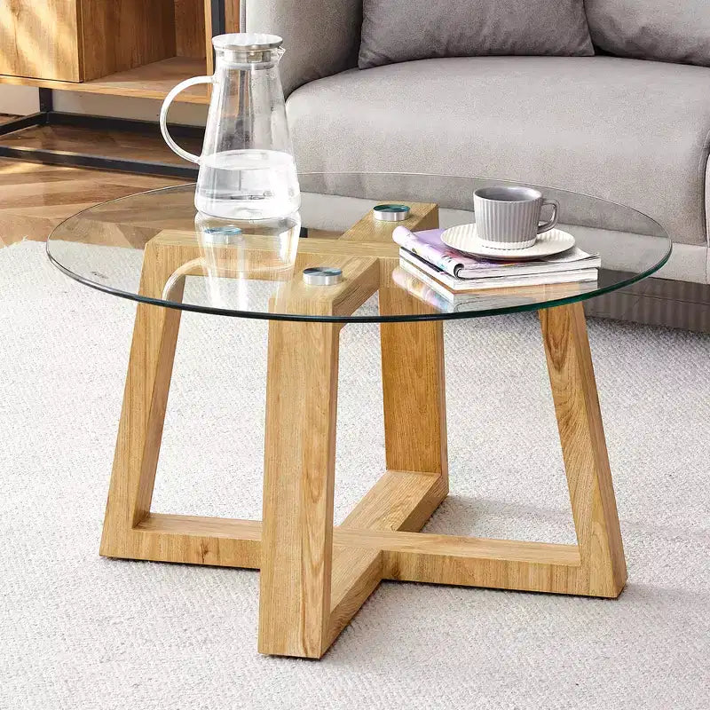 Modern Practical Circular Coffee Tea Tables, With Transparent Tempered Glass Tabletop, Wood Colored MDF Tables For Living Rooms, Bedrooms