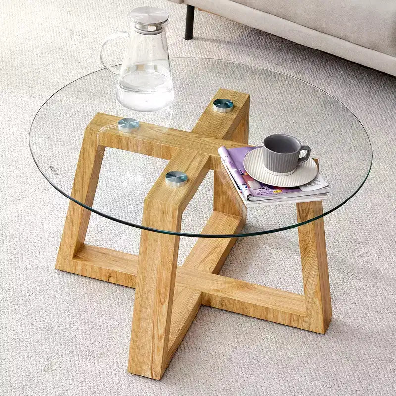 Mesitas de café y té circulares modernas y prácticas, con tablero de cristal templado transparente, mesas de MDF de color madera para salones, dormitorios