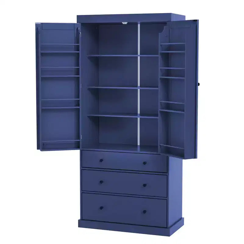 Organizador de despensa de cocina independiente Whisen, gabinete con 3 estantes ajustables, 3 cajones, 8 estantes interiores en las puertas