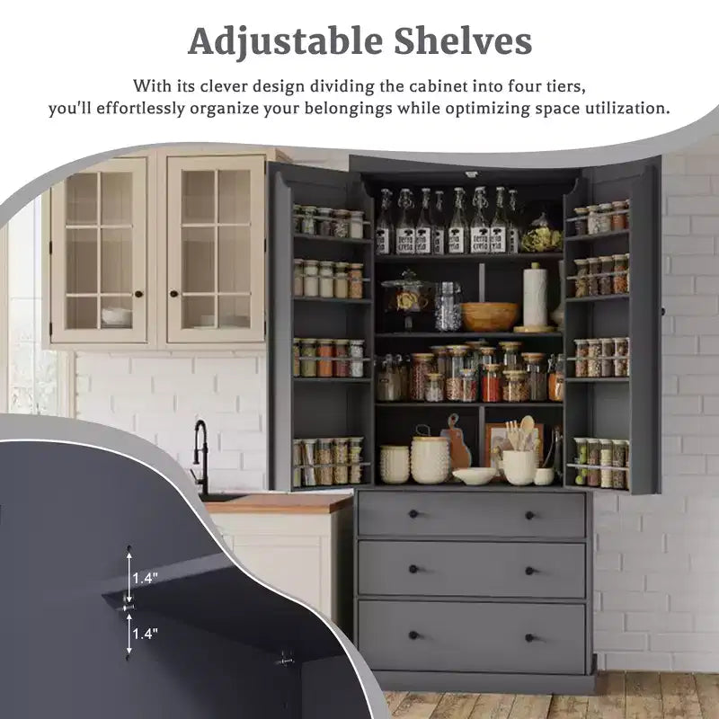Organizador de despensa de cocina independiente Whisen, gabinete con 3 estantes ajustables, 3 cajones, 8 estantes interiores en las puertas