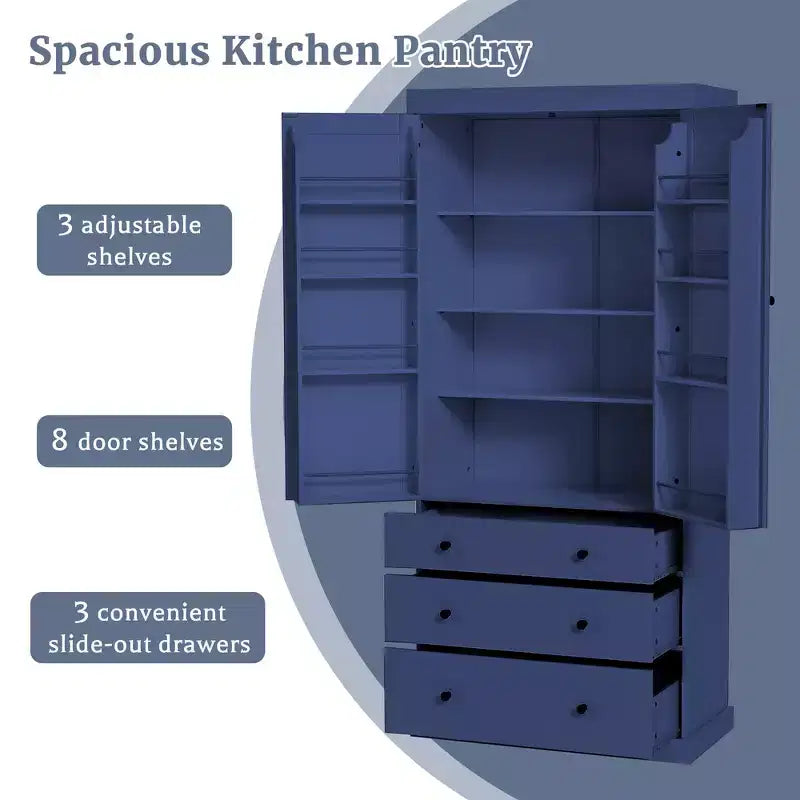 Organizador de despensa de cocina independiente Whisen, gabinete con 3 estantes ajustables, 3 cajones, 8 estantes interiores en las puertas