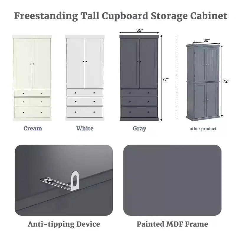 Organizador de despensa de cocina independiente Whisen, gabinete con 3 estantes ajustables, 3 cajones, 8 estantes interiores en las puertas