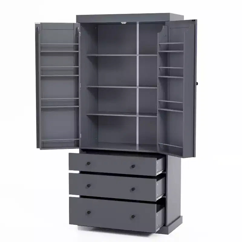 Organizador de despensa de cocina independiente Whisen, gabinete con 3 estantes ajustables, 3 cajones, 8 estantes interiores en las puertas